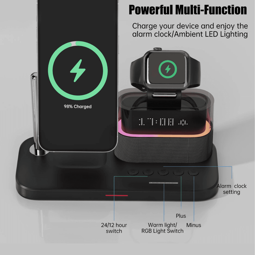 5-in-1 Magnetic Wireless Charging Station w. Alarm Clock Night Light - iPhone, AirPods, Apple Watch - Image 2